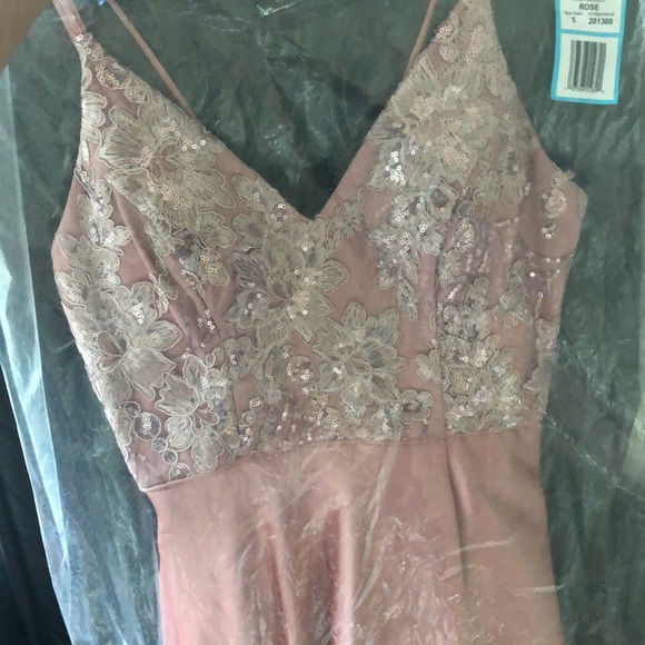 Rose Gold Satin Sequin Gown with Leg Slit - Picture 4 of 6